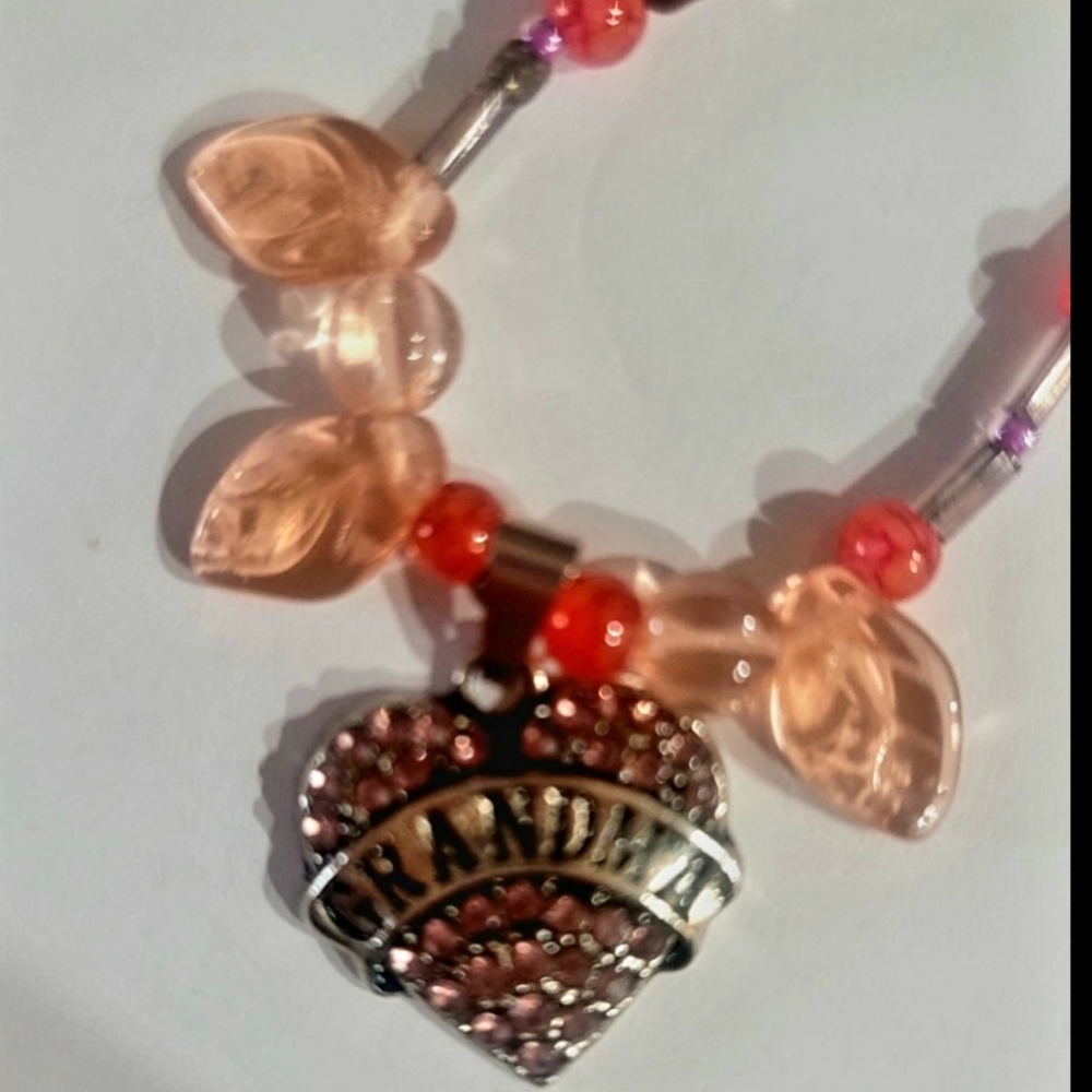 UNIQUE RUBY RED GEMSTONEHEART "GRANDMA" CHARM 1 SIZE FITS ALL STRETCH BRACELET